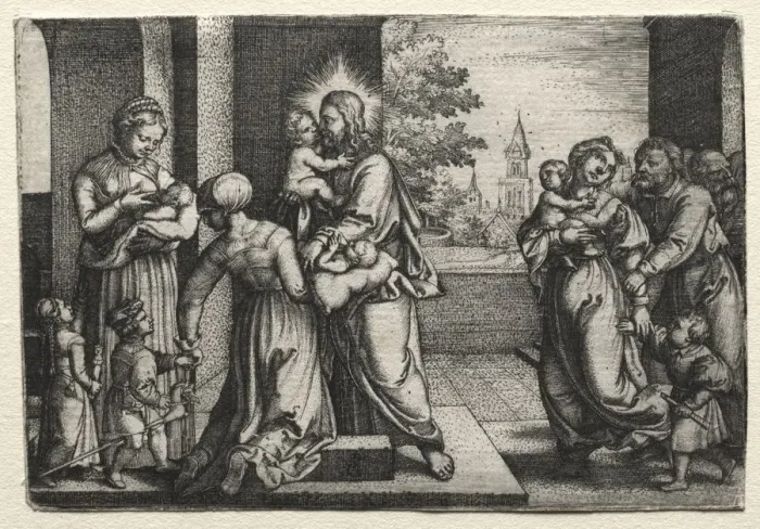 Framed Print : Christ with Little Children, c. 1548. Creator: Georg Pencz (German, c. 1500-1550) Framed Print : Christ with Little Children, c. 1548. Creator: Georg Pencz (German, c. 1500-1550)