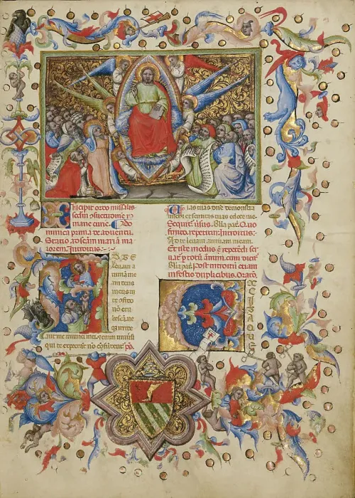 Framed Print : Christ in Majesty; Initial A: A Man Lifting His Soul to God, between about 1389 and 1400. Creator: Master of the Brussels Initials Framed Print : Christ in Majesty; Initial A: A Man Lifting His Soul to God, between about 1389 and 1400. Creator: Master of the Brussels Initials