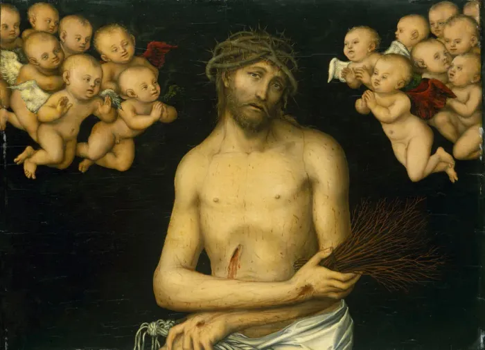 Framed Print : Christ as the Man of Sorrows flanked by Angels, c. 1540 Framed Print : Christ as the Man of Sorrows flanked by Angels, c. 1540