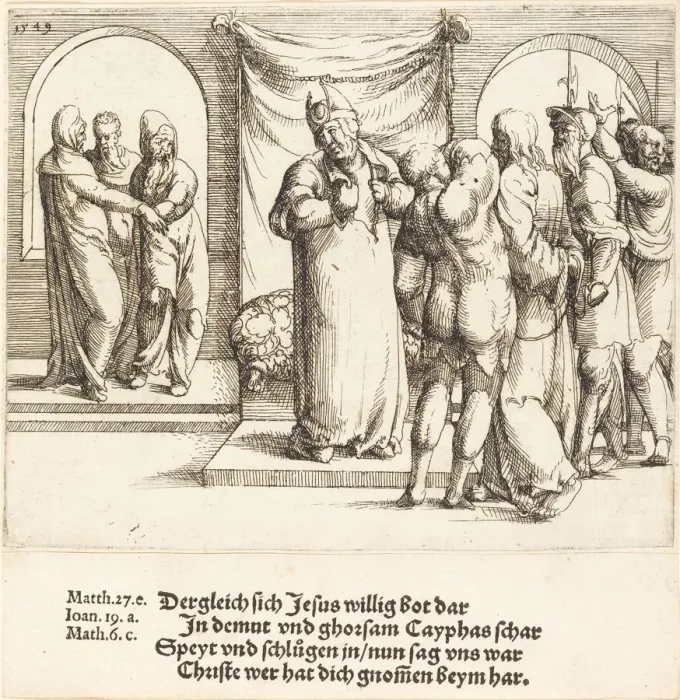 Framed Print : Christ is Mocked, and Caiaphas Rends His Garments, 1549. Creator: Augustin Hirschvogel Framed Print : Christ is Mocked, and Caiaphas Rends His Garments, 1549. Creator: Augustin Hirschvogel