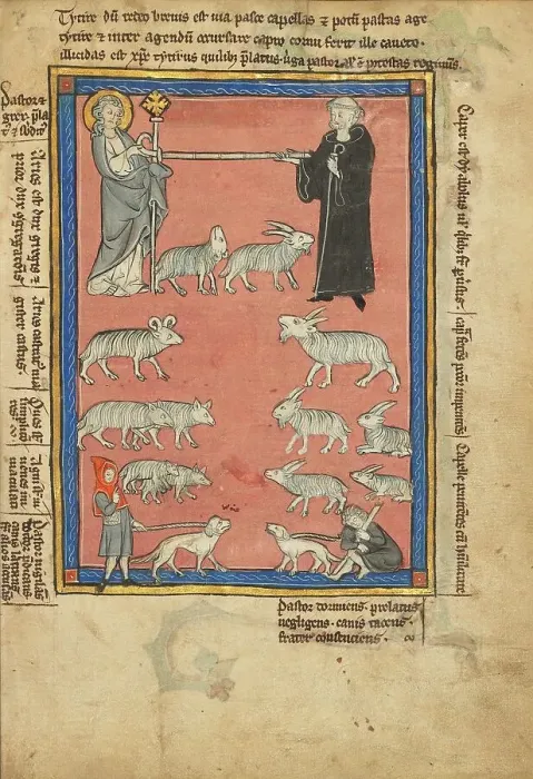 Framed Print : Christ and a Monk and Two Shepherds; De Natura Avium; De Pastoribus et Ovibus, 1277 or after. Creator: Unknown Framed Print : Christ and a Monk and Two Shepherds; De Natura Avium; De Pastoribus et Ovibus, 1277 or after. Creator: Unknown
