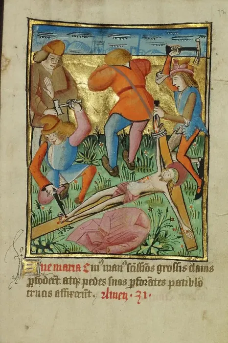 Framed Print : Christ Nailed to the Cross; Illustrated Vita Christi, with devotional supplements, about 1480-1490. Creator: Unknown Framed Print : Christ Nailed to the Cross; Illustrated Vita Christi, with devotional supplements, about 1480-1490. Creator: Unknown