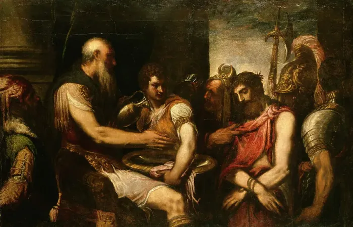 Framed Print : Christ before Pilate, mid-16th century. Creator: Andrea Schiavone Framed Print : Christ before Pilate, mid-16th century. Creator: Andrea Schiavone