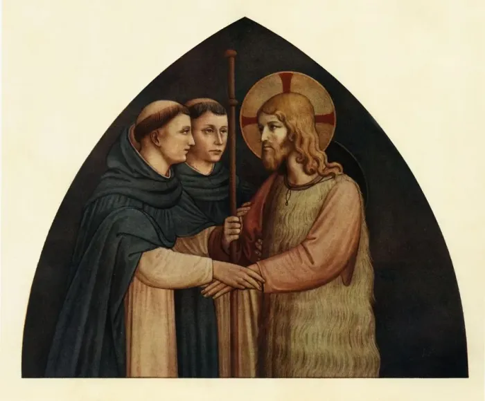 Framed Print : Christ as a Pilgrim Met by Two Dominicans, 15th century, (c1909). Artist: Fra Angelico Framed Print : Christ as a Pilgrim Met by Two Dominicans, 15th century, (c1909). Artist: Fra Angelico
