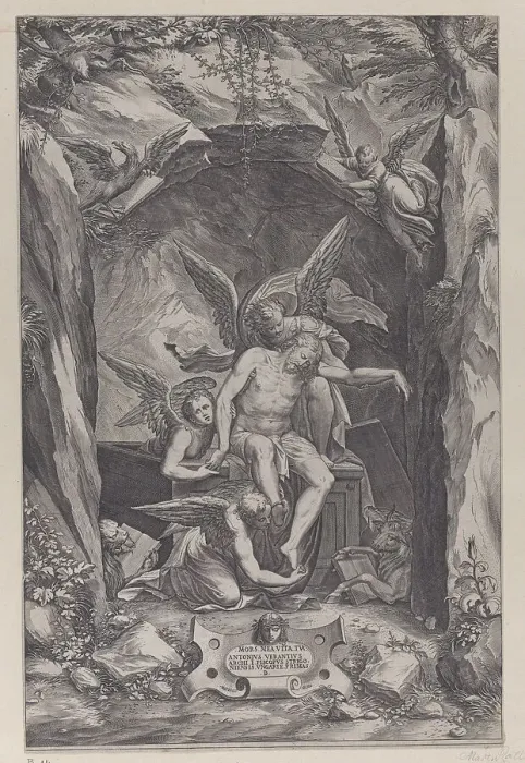 Framed Print : Christ rising from the tomb, assisted by two angels, 1540-83. Creator: Martino Rota Framed Print : Christ rising from the tomb, assisted by two angels, 1540-83. Creator: Martino Rota