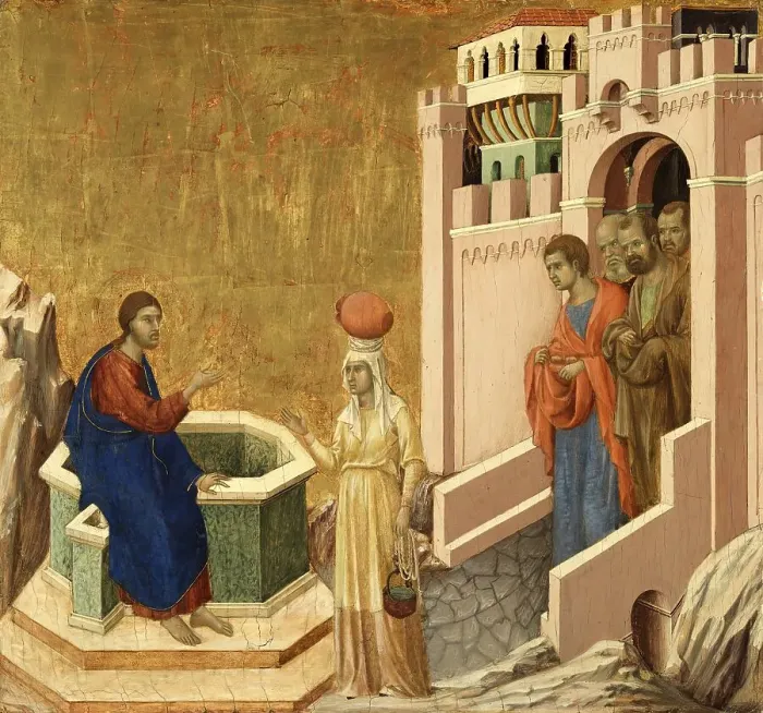 Framed Print : Christ and the Samaritan Woman, 1310. Creator: Duccio di Buoninsegna Framed Print : Christ and the Samaritan Woman, 1310. Creator: Duccio di Buoninsegna
