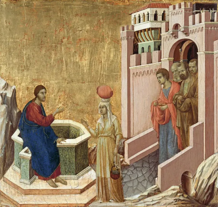 Framed Print : Christ and the Samaritan Woman, ca 1310. Artist: Duccio di Buoninsegna (ca 1255-1319) Framed Print : Christ and the Samaritan Woman, ca 1310. Artist: Duccio di Buoninsegna (ca 1255-1319)
