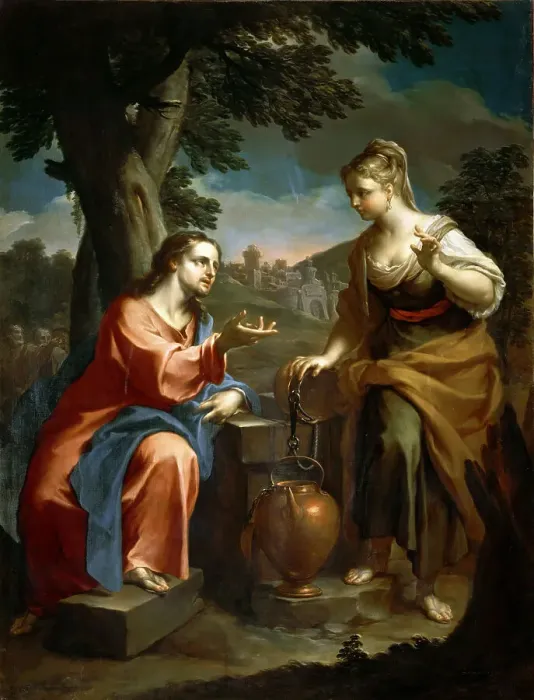 Framed Print : Christ and the Samaritan Woman, Early 18th cen. Creator: Trevisani, Francesco (1656-1746) Framed Print : Christ and the Samaritan Woman, Early 18th cen. Creator: Trevisani, Francesco (1656-1746)