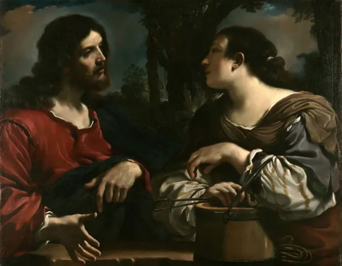 Framed Print : Christ and the Samaritan Woman at Jacobs Well. Artist: Guercino (1591-1666) Framed Print : Christ and the Samaritan Woman at Jacobs Well. Artist: Guercino (1591-1666)