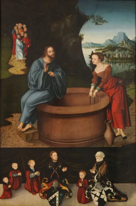 Framed Print : Christ and the Samaritan Woman at Jacobs Well, ca 1525-1537 Framed Print : Christ and the Samaritan Woman at Jacobs Well, ca 1525-1537