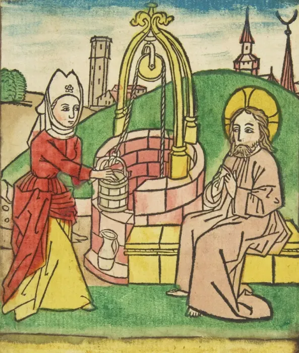 Framed Print : Christ and the Samaritan Woman (Schr. 141c), 15th century. 15th century. Creator: Anon Framed Print : Christ and the Samaritan Woman (Schr. 141c), 15th century. 15th century. Creator: Anon