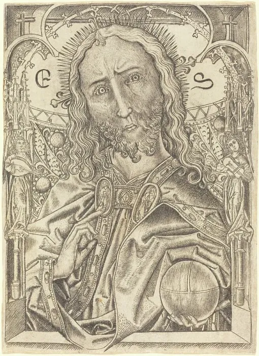 Framed Print : Christ as Saviour, c. 1467. Creator: Master ES Framed Print : Christ as Saviour, c. 1467. Creator: Master ES