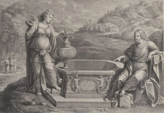 Framed Print : Christ, seated at right, and the woman of Samaria, who stands at left, ca. 1729 Framed Print : Christ, seated at right, and the woman of Samaria, who stands at left, ca. 1729