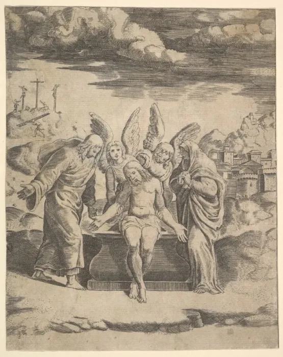 Framed Print : Christ seated on the tomb supported by angels, 1530-60. Creator: Master of the Die Framed Print : Christ seated on the tomb supported by angels, 1530-60. Creator: Master of the Die