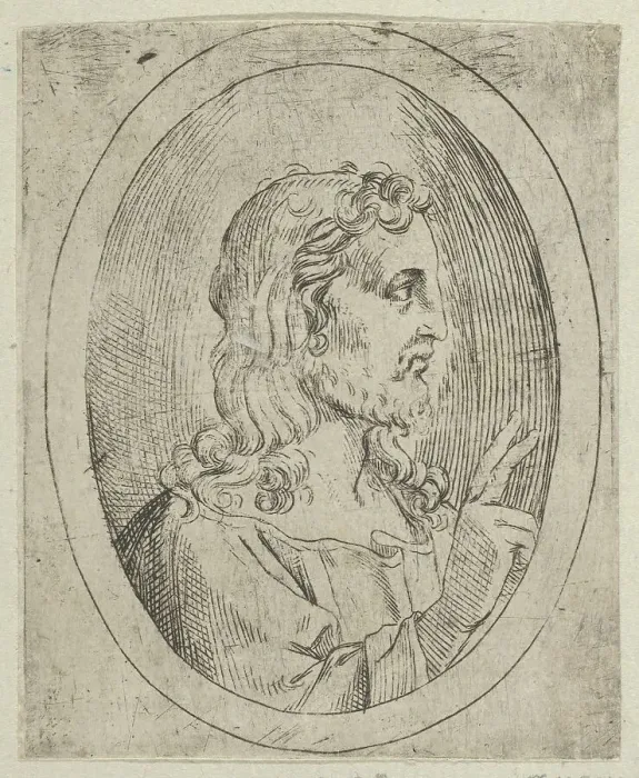 Framed Print : Christ seen in profile facing right, making the sign of blessing with his right hand, 1600-1640. Creator: Anon