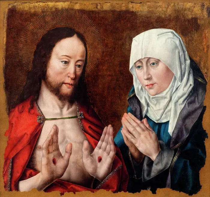 Framed Print : Christ Showing His Mother the Nail Wounds in His Hands, c1490. Creator: Aelbert Bouts Framed Print : Christ Showing His Mother the Nail Wounds in His Hands, c1490. Creator: Aelbert Bouts