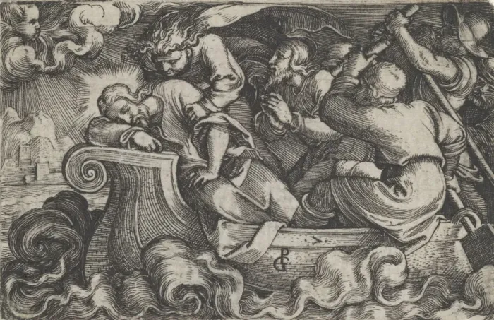 Framed Print : Christ Sleeping During the Storm on Lake Tiberias, from The Story of Christ, 1534-35 Framed Print : Christ Sleeping During the Storm on Lake Tiberias, from The Story of Christ, 1534-35