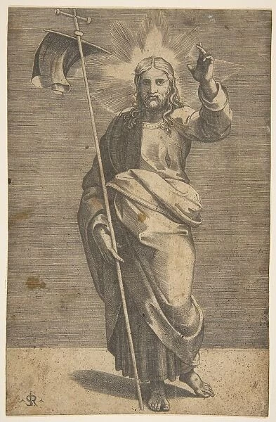 Christ standing facing forward, holding a cross with a banner and raising his left