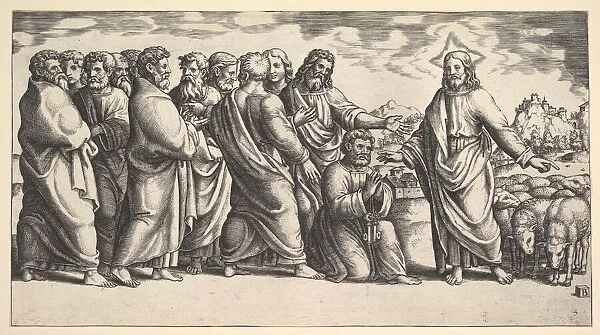 Christ standing at left indicating to a flock of sheep, before him kneels St. Peter hol