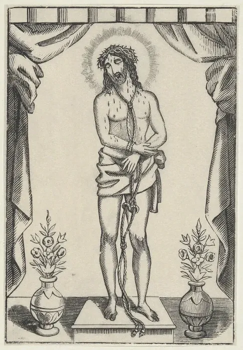 Framed Print : Christ standing with a rope around his neck and blood dripping down his face Creator: Anon Framed Print : Christ standing with a rope around his neck and blood dripping down his face Creator: Anon