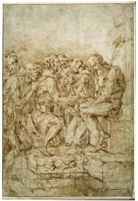 Framed Print : Christ with Symbols of Passions attended by seven Figures, early 16th century. Artist: Baccio Bandinelli Framed Print : Christ with Symbols of Passions attended by seven Figures, early 16th century. Artist: Baccio Bandinelli