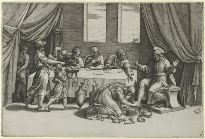 Framed Print : Christ at the table of Simon the Pharisee, Mary Magdalene washing his feet with her... ca. 1520-25. Creator: Marcantonio Raimondi Framed Print : Christ at the table of Simon the Pharisee, Mary Magdalene washing his feet with her... ca. 1520-25. Creator: Marcantonio Raimondi