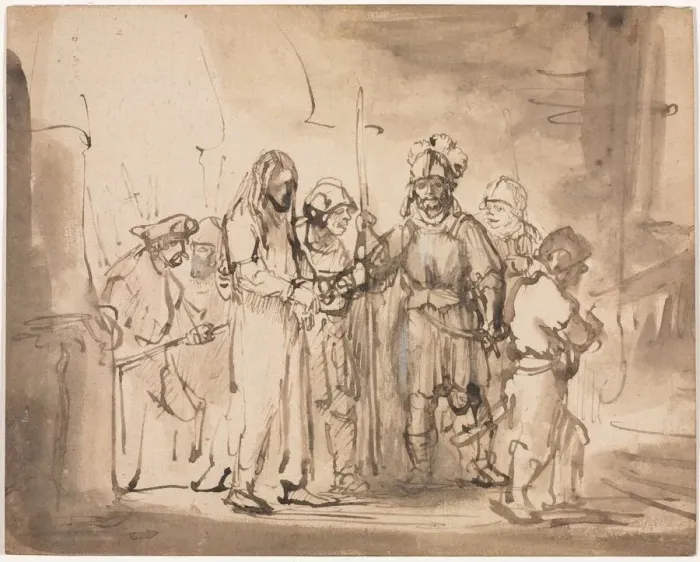 Framed Print : Christ Taken Before Caiaphas, c. 1641-1642. Creator: Rembrandt van Rijn (Dutch, 1606-1669)