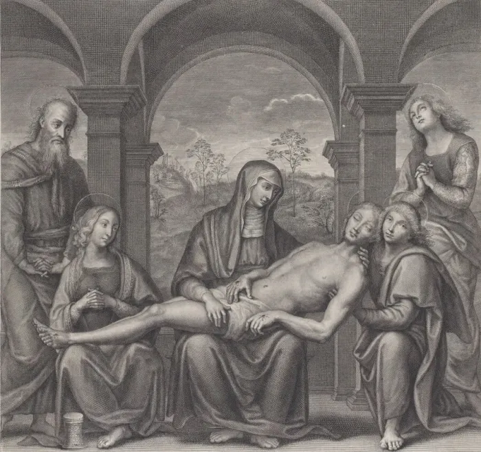 Framed Print : Christ in the tomb, resting across the Virgins lap; after Perugino, ca. 1685-1727 Framed Print : Christ in the tomb, resting across the Virgins lap; after Perugino, ca. 1685-1727