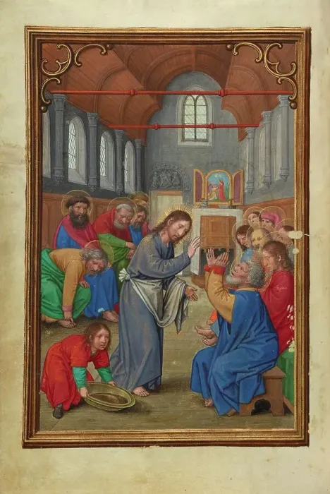 Framed Print : Christ Washing the Apostles Feet; Prayer Book of Cardinal Albrecht of Brandenburg, about 1525-1530. Creator: Simon Bening Framed Print : Christ Washing the Apostles Feet; Prayer Book of Cardinal Albrecht of Brandenburg, about 1525-1530. Creator: Simon Bening