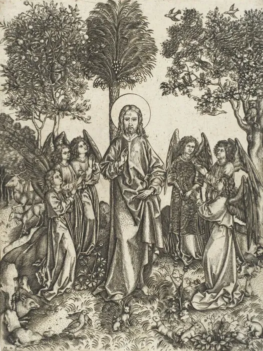 Framed Print : Christ in the Wilderness Served by Angels, ca. 1480-90. Creator: Master of the Catherine wheel Framed Print : Christ in the Wilderness Served by Angels, ca. 1480-90. Creator: Master of the Catherine wheel