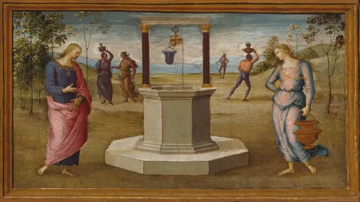 Framed Print : Christ and the Woman of Samaria, 1500 / 05. Creator: Perugino Framed Print : Christ and the Woman of Samaria, 1500 / 05. Creator: Perugino