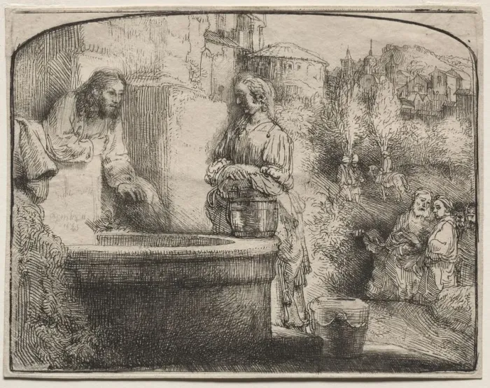Framed Print : Christ and the Woman of Samaria: An Arched Print, 1657-58. Creator: Rembrandt van Rijn (Dutch Framed Print : Christ and the Woman of Samaria: An Arched Print, 1657-58. Creator: Rembrandt van Rijn (Dutch