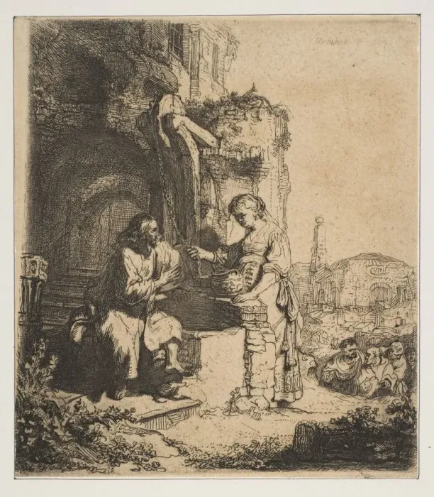 Framed Print : Christ and the Woman of Samaria among Ruins. Creator: Rembrandt Harmensz van Rijn Framed Print : Christ and the Woman of Samaria among Ruins. Creator: Rembrandt Harmensz van Rijn