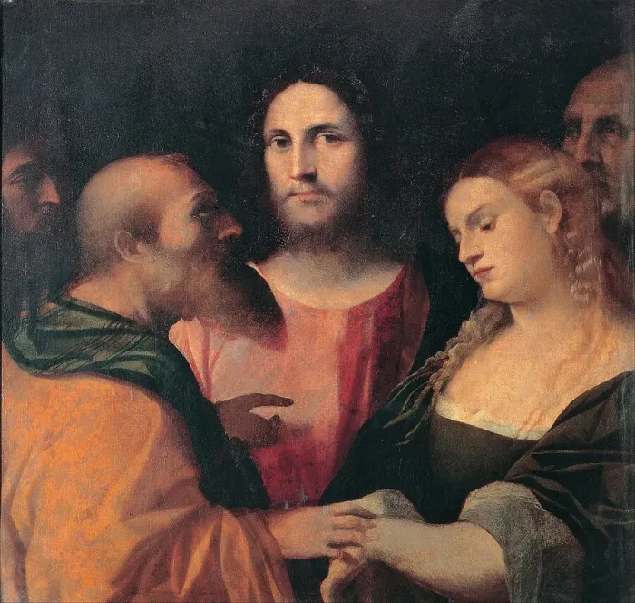 Framed Print : Christ and the Woman Taken in Adultery, 1525-1528. Artist: Palma il Vecchio, Jacopo, the Elder (1480-1528) Framed Print : Christ and the Woman Taken in Adultery, 1525-1528. Artist: Palma il Vecchio, Jacopo, the Elder (1480-1528)