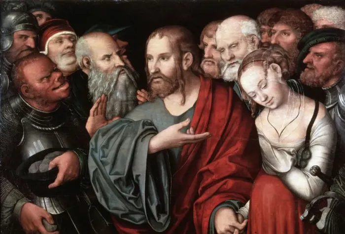 Framed Print : Christ and the Woman Taken in Adultery, after 1532. Artist: Cranach the Younger, Lucas Framed Print : Christ and the Woman Taken in Adultery, after 1532. Artist: Cranach the Younger, Lucas