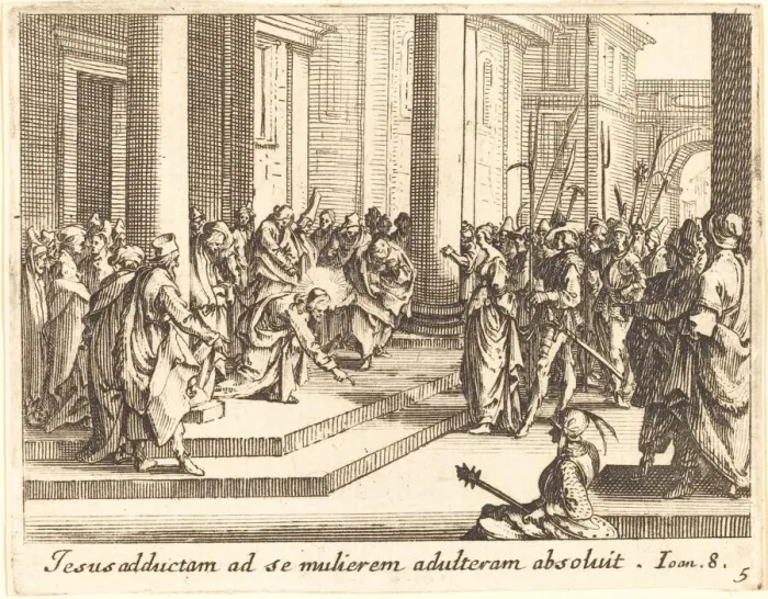 Framed Print : Christ and the Woman Taken in Adultery, 1635. Creator: Jacques Callot Framed Print : Christ and the Woman Taken in Adultery, 1635. Creator: Jacques Callot