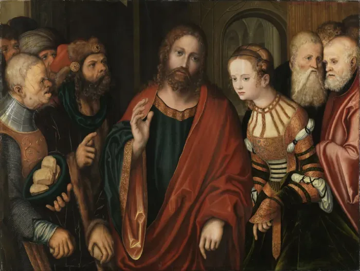Framed Print : Christ and the Woman Taken in Adultery. Artist: Cranach, Lucas, the Elder (1472-1553) Framed Print : Christ and the Woman Taken in Adultery. Artist: Cranach, Lucas, the Elder (1472-1553)