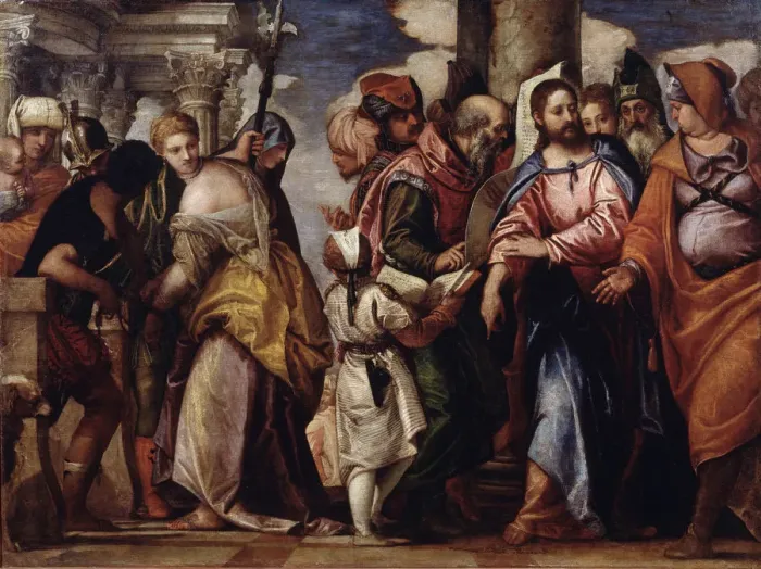 Framed Print : Christ and the Woman Taken in Adultery. Artist: Veronese, Paolo (1528-1588) Framed Print : Christ and the Woman Taken in Adultery. Artist: Veronese, Paolo (1528-1588)