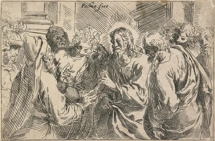 Framed Print : Christ and the woman taken in adultery. From: Principles of drawing, late 16th-early 17th Century. Creator: Jacopo Palma Framed Print : Christ and the woman taken in adultery. From: Principles of drawing, late 16th-early 17th Century. Creator: Jacopo Palma