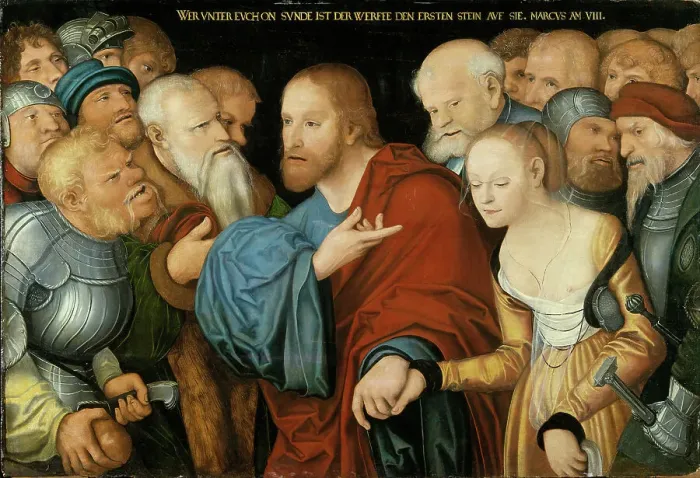 Framed Print : Christ and the Woman taken in Adultery, mid-16th century. Creator: Workshop of Lucas Cranach the Elder Framed Print : Christ and the Woman taken in Adultery, mid-16th century. Creator: Workshop of Lucas Cranach the Elder