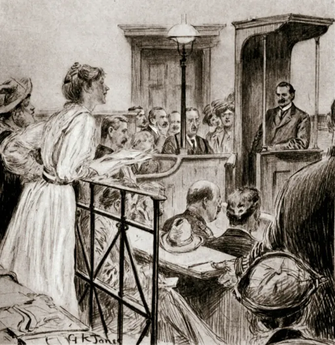 Framed Print : Christabel Pankhurst, British suffragette, questioning Herbert Gladstone in court, London 1909 Framed Print : Christabel Pankhurst, British suffragette, questioning Herbert Gladstone in court, London 1909
