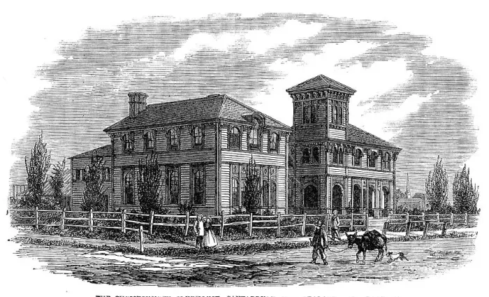 Framed Print : The Christchurch Clubhouse, Canterbury, New Zealand, 1864. Creator: Unknown Framed Print : The Christchurch Clubhouse, Canterbury, New Zealand, 1864. Creator: Unknown
