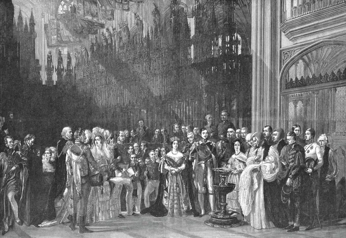 Framed Print : The Christening of H.R.H. The Prince of Wales in St. George's Chapel, Windsor Castle... 1842. Creator: George Hayter Framed Print : The Christening of H.R.H. The Prince of Wales in St. George's Chapel, Windsor Castle... 1842. Creator: George Hayter