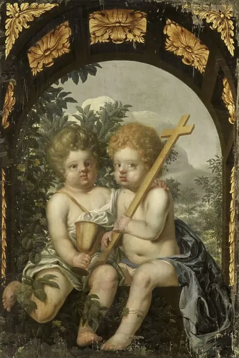 Framed Print : Christian Allegory with two Children with Cross and Chalice, 1650-1699. Creator: Anon Framed Print : Christian Allegory with two Children with Cross and Chalice, 1650-1699. Creator: Anon