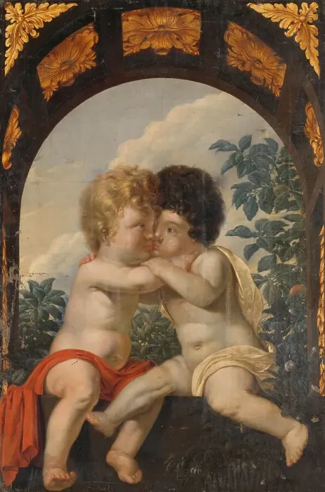 Framed Print : Christian Allegory with two Children Hugging each other, 1650-1699. Creator: Anon Framed Print : Christian Allegory with two Children Hugging each other, 1650-1699. Creator: Anon