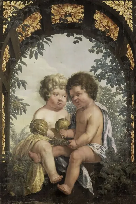 Framed Print : Christian Allegory with two Children both Pouring from a Carafe into a Bowl, 1650-1699. Creator: Anon Framed Print : Christian Allegory with two Children both Pouring from a Carafe into a Bowl, 1650-1699. Creator: Anon