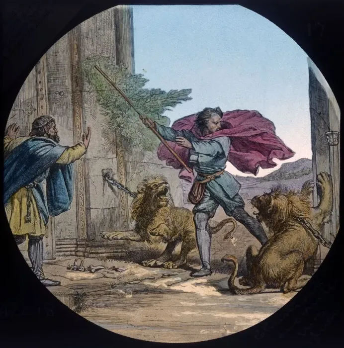 Framed Print : Christian encounters two lions, c1910. Creator: Unknown Framed Print : Christian encounters two lions, c1910. Creator: Unknown