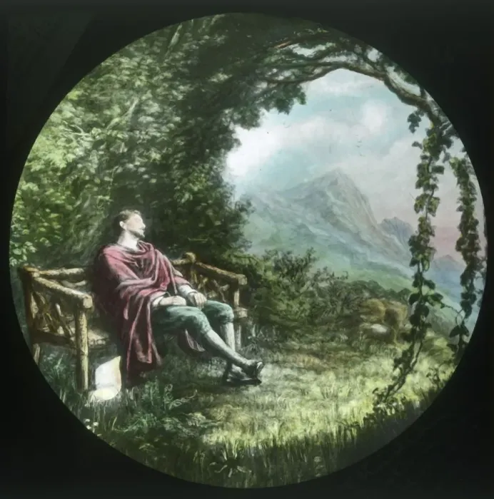 Framed Print : Christian rests in the arbour and loses his scroll, c1910. Creator: Unknown Framed Print : Christian rests in the arbour and loses his scroll, c1910. Creator: Unknown