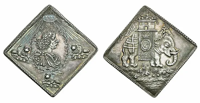 Framed Print : Christian V, of Denmark. Square silver medal (or coin), called Kastemønter, on his coronation, 1670 Creator: Numismatic, West European Coins Framed Print : Christian V, of Denmark. Square silver medal (or coin), called Kastemønter, on his coronation, 1670 Creator: Numismatic, West European Coins