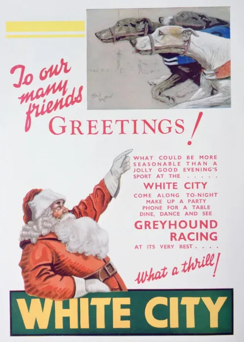 Framed Print : Christmas advert for the White City greyhound track, London, 1932 Framed Print : Christmas advert for the White City greyhound track, London, 1932
